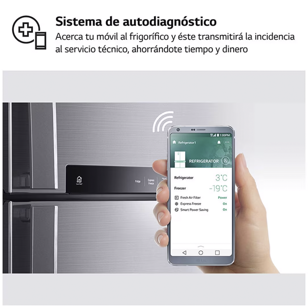 Imagen mostrando el sistema de autodiagnóstico del frigorífico GML-960PYBE de LG, que permite detectar y solucionar problemas de manera eficiente