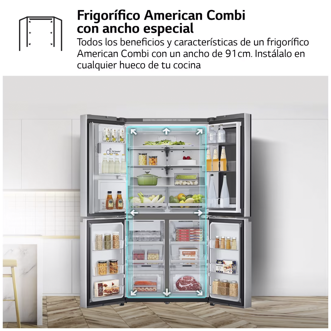 Imagen del interior del frigorífico GML-960PYBE de LG completamente abierto, mostrando su capacidad de almacenamiento y organización
