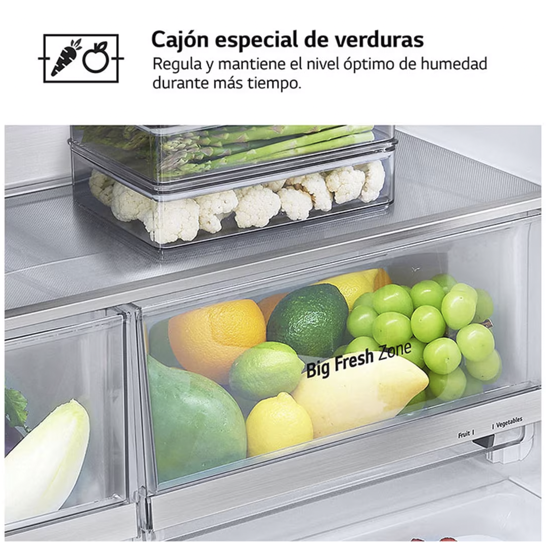 Detalle del cajón especial de verduras del frigorífico GML-960PYBE de LG, diseñado para mantener frutas y verduras frescas por más tiempo