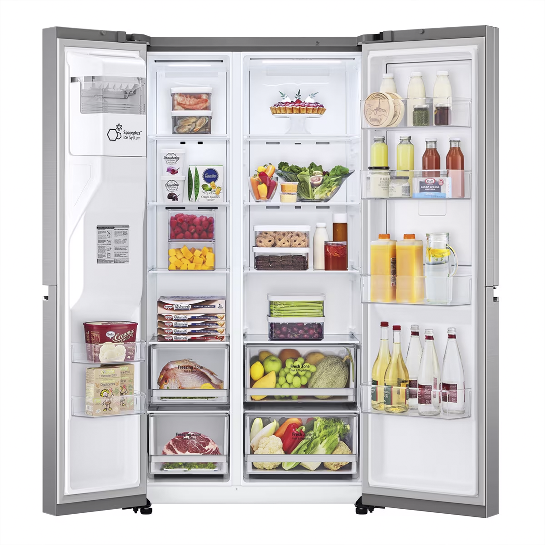 Vista del interior del frigorífico americano LG GSLV-70PZTD, mostrando su capacidad de almacenamiento con alimentos organizados. Disponible en Electrocash