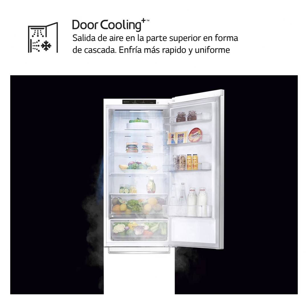 Detalle del sistema DoorCooling del frigorífico combi LG GBP-62SWNGN en color blanco, asegurando una refrigeración uniforme. Disponible en Electrocash