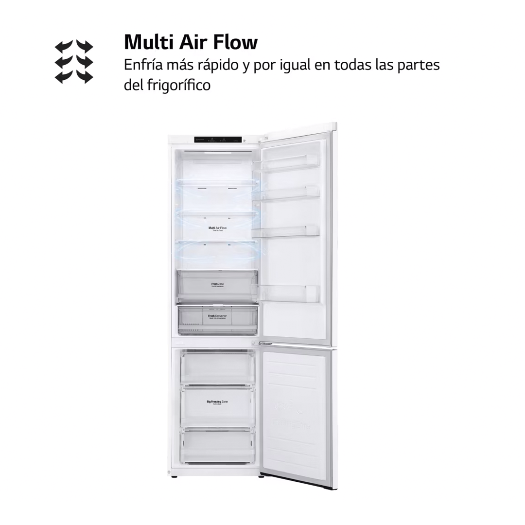 Vista del sistema Multi Air Flow del frigorífico combi LG GBP-62SWNGN en color blanco, que garantiza una circulación de aire eficiente. Disponible en Electrocash