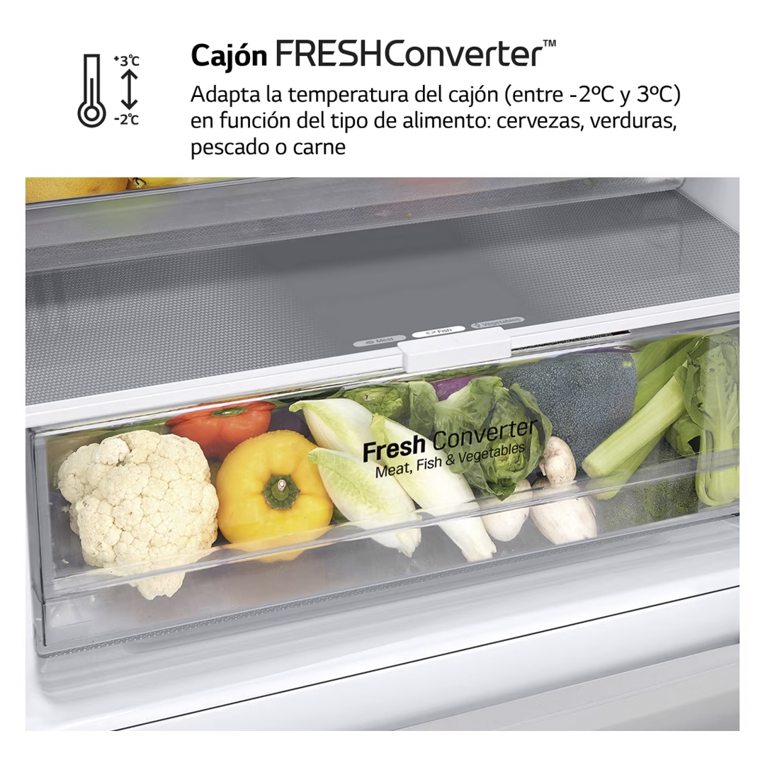 Detalle del cajón Fresh Converter del frigorífico combi LG GBP-62SWNGN en color blanco, diseñado para mantener los alimentos frescos. Disponible en Electrocash