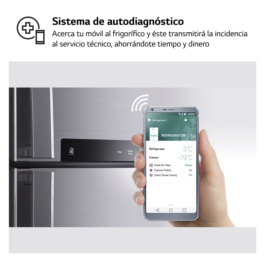 Imagen del sistema de autodiagnóstico del frigorífico combi LG GBP-62SWNGN en color blanco, que facilita la identificación y resolución de problemas. Disponible en Electrocash