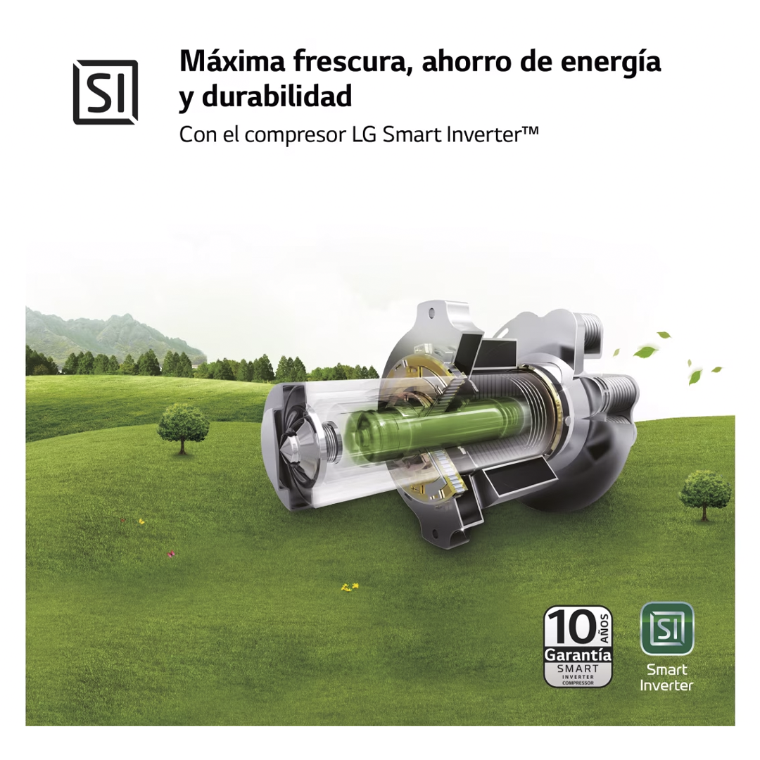 Detalle del compresor LG Smart Inverter del frigorífico, que asegura eficiencia energética y durabilidad. Disponible en Electrocash