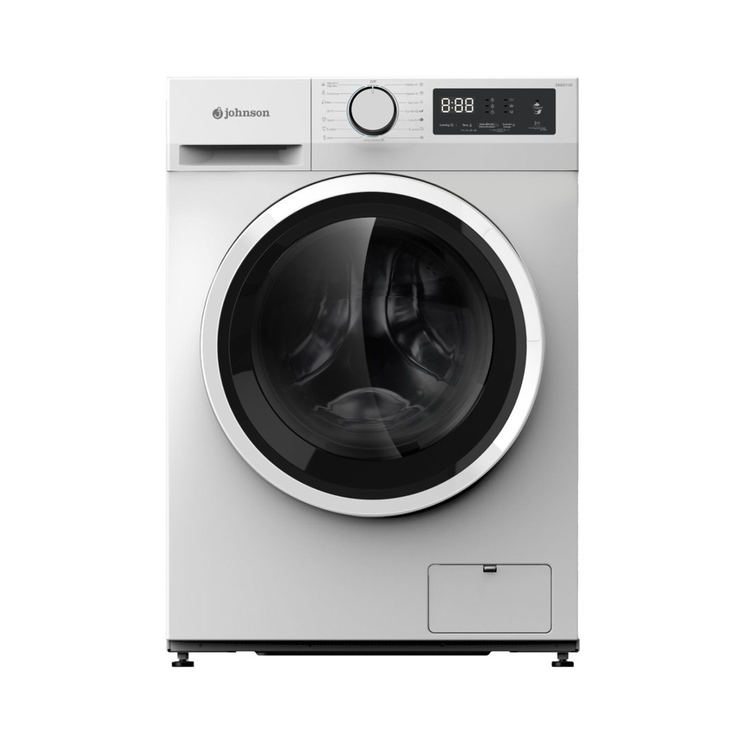 Imagen principal de la lavadora blanca EBRO-120 de Johnson, con clasificación energética A, capacidad de 12 KG y una velocidad de centrifugado de 1400 RPM, ideal para grandes cargas de ropa y un lavado eficiente, disponible en Electrocash