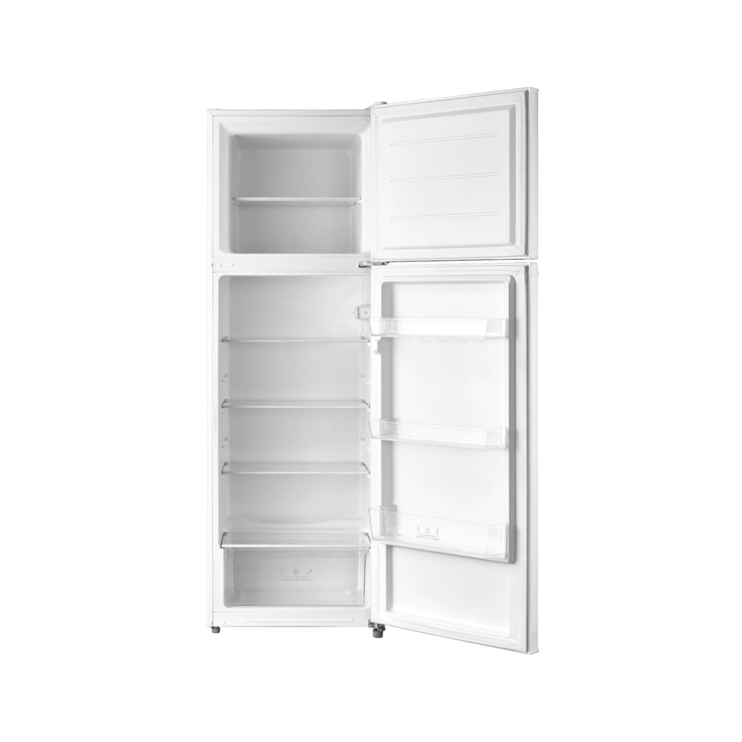 Imagen del frigorífico de 2 puertas blanco JRD-176E de Johnson, abierto y mostrando su interior con compartimentos para alimentos frescos y congelados, disponible en Electrocash