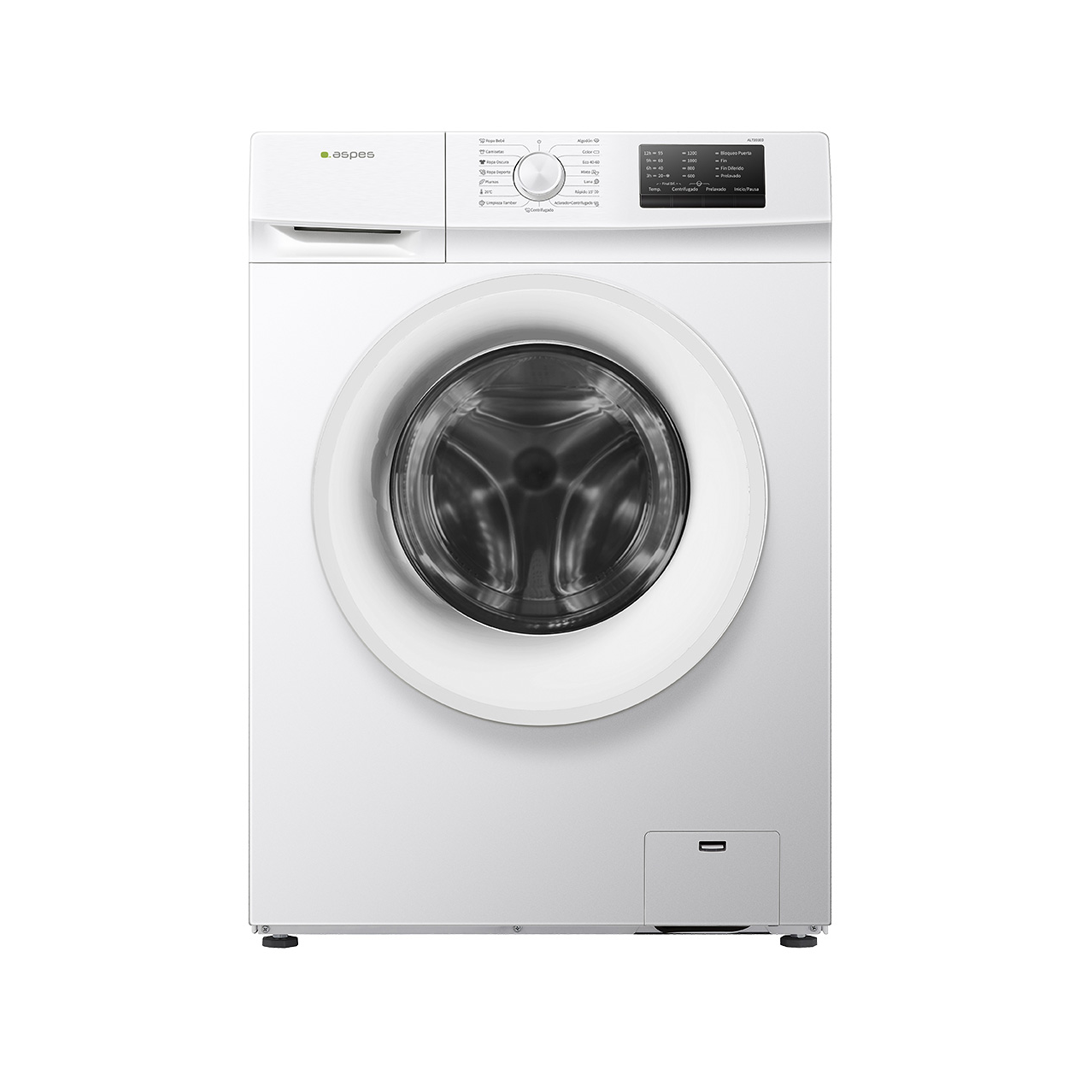 Imagen principal de la lavadora blanca AL-7201ED de Aspes, con clasificación energética D, capacidad de 7 KG y una velocidad de centrifugado de 1200 RPM, ideal para un lavado eficiente y rápido, disponible en Electrocash