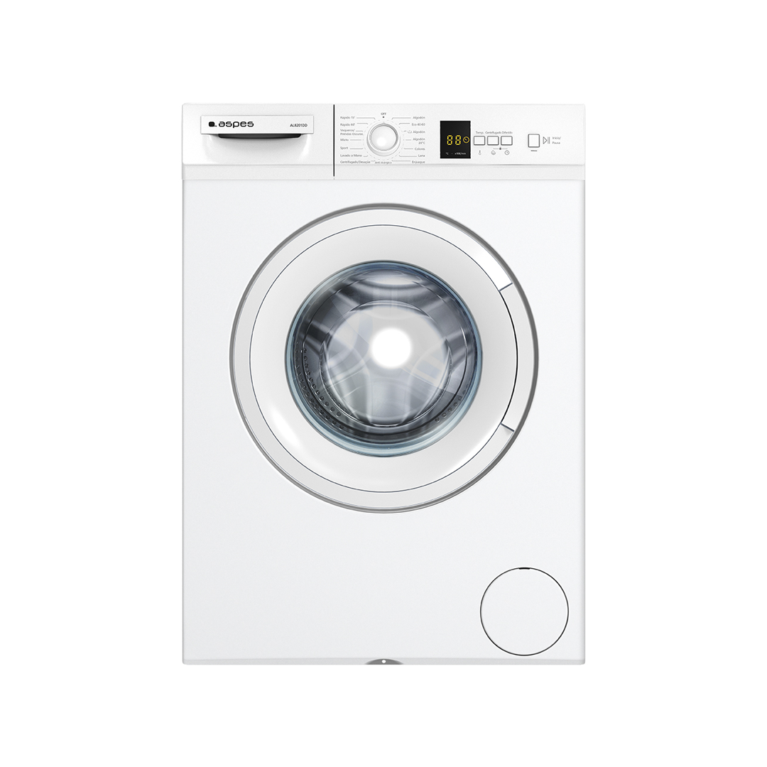 Imagen principal de la lavadora blanca AL-8201DD de Aspes, con clasificación energética D, capacidad de 8 KG y una velocidad de centrifugado de 1200 RPM, ideal para un lavado eficiente y de gran capacidad, disponible en Electrocash