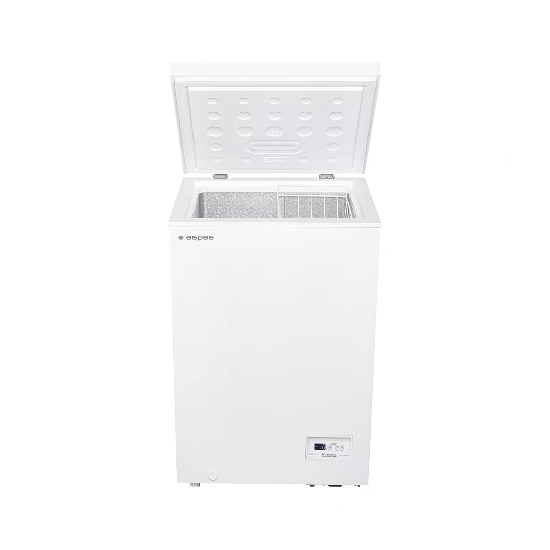 Imagen del congelador horizontal ACH-100EDC de Aspes mostrando su interior, con capacidad de 98 litros, ideal para almacenar alimentos de manera organizada, disponible en Electrocash