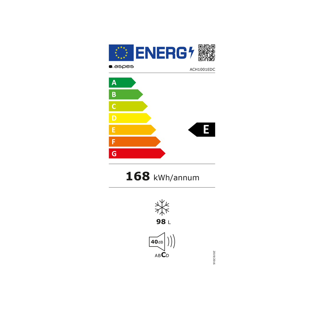 Imagen de la tabla de eficiencia energética del congelador horizontal ACH-100EDC de Aspes, con clasificación energética E, mostrando detalles sobre su consumo energético, disponible en Electrocash