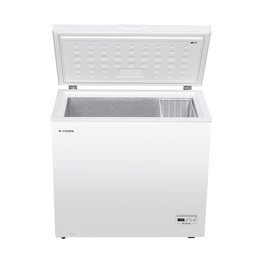 Imagen del congelador horizontal ACH-2001EDC de Aspes mostrando su interior, con capacidad de 198 litros, ideal para almacenar una gran cantidad de alimentos de manera organizada, disponible en Electrocash