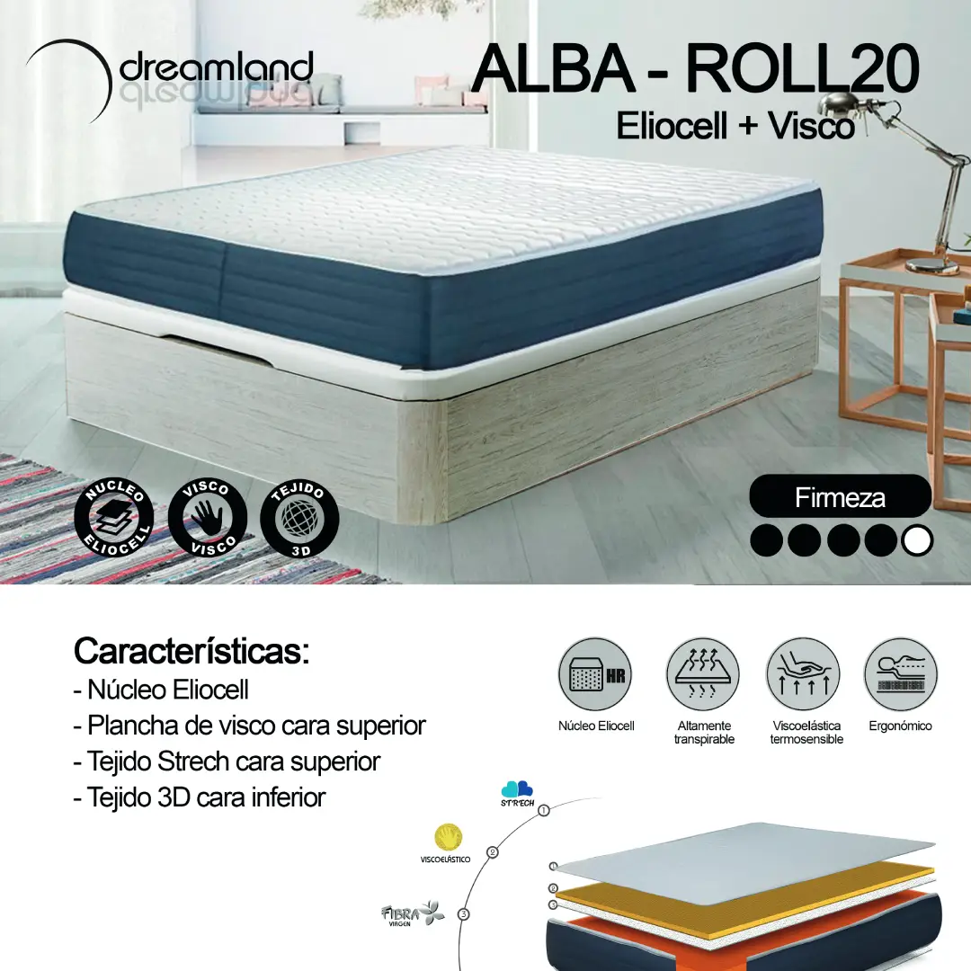 Vista principal del Colchón Roll-20CM 90x190 Comodissimo, enrollado para su fácil transporte, disponible en Electrocash