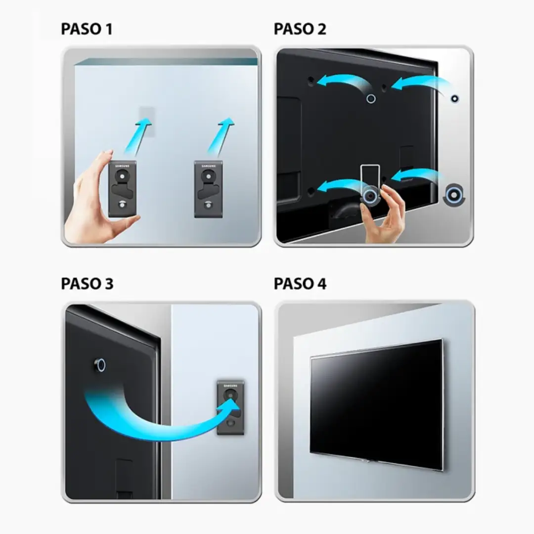 Imagen de las instrucciones de instalación del Soporte WMN550M/XC Samsung, detallando los pasos para un montaje seguro en la pared