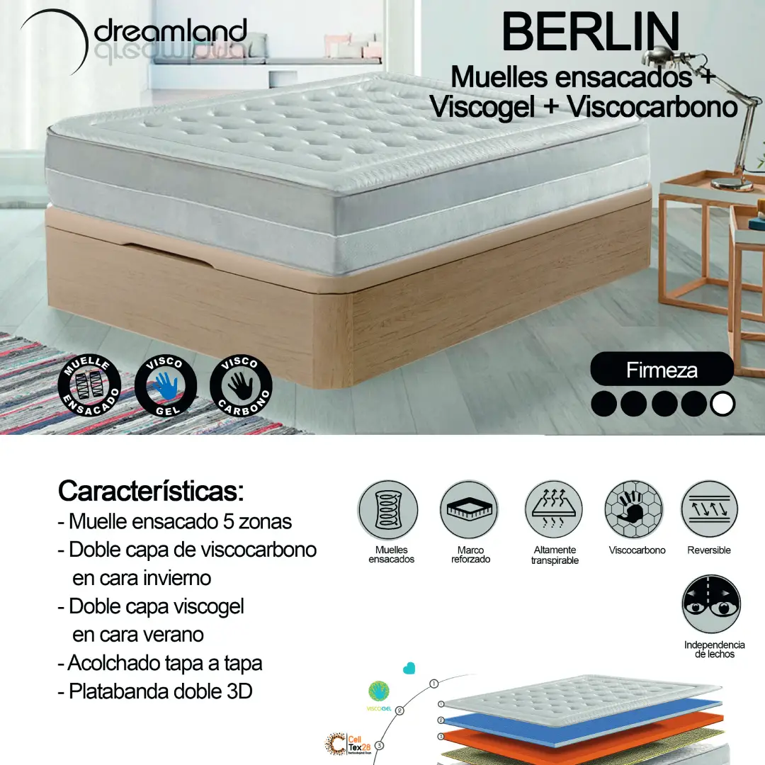 Vista frontal del Colchón Berlín 135x190 Comodissimo con muelle ensacado, disponible en Electrocash