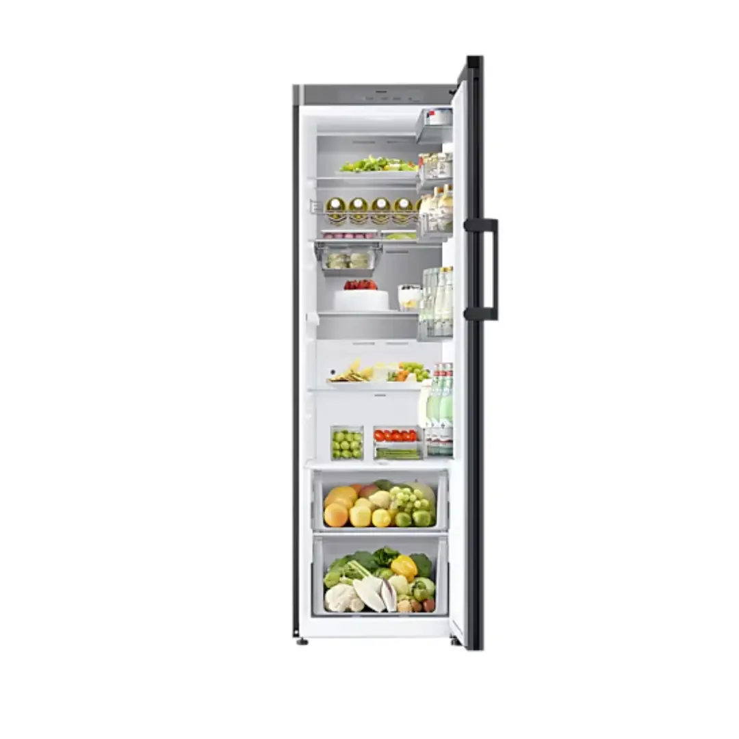 Vista del interior completo del Frigorífico 1 Puerta Negro RR-39C76C322/EF Samsung, mostrando sus compartimentos y almacenamiento