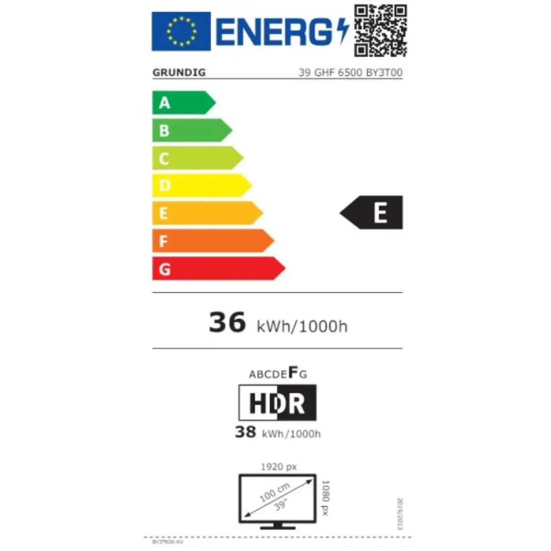 Vista de la ficha de consumo energético del televisor LED 39" Grundig GHF-6500B, mostrando su eficiencia energética