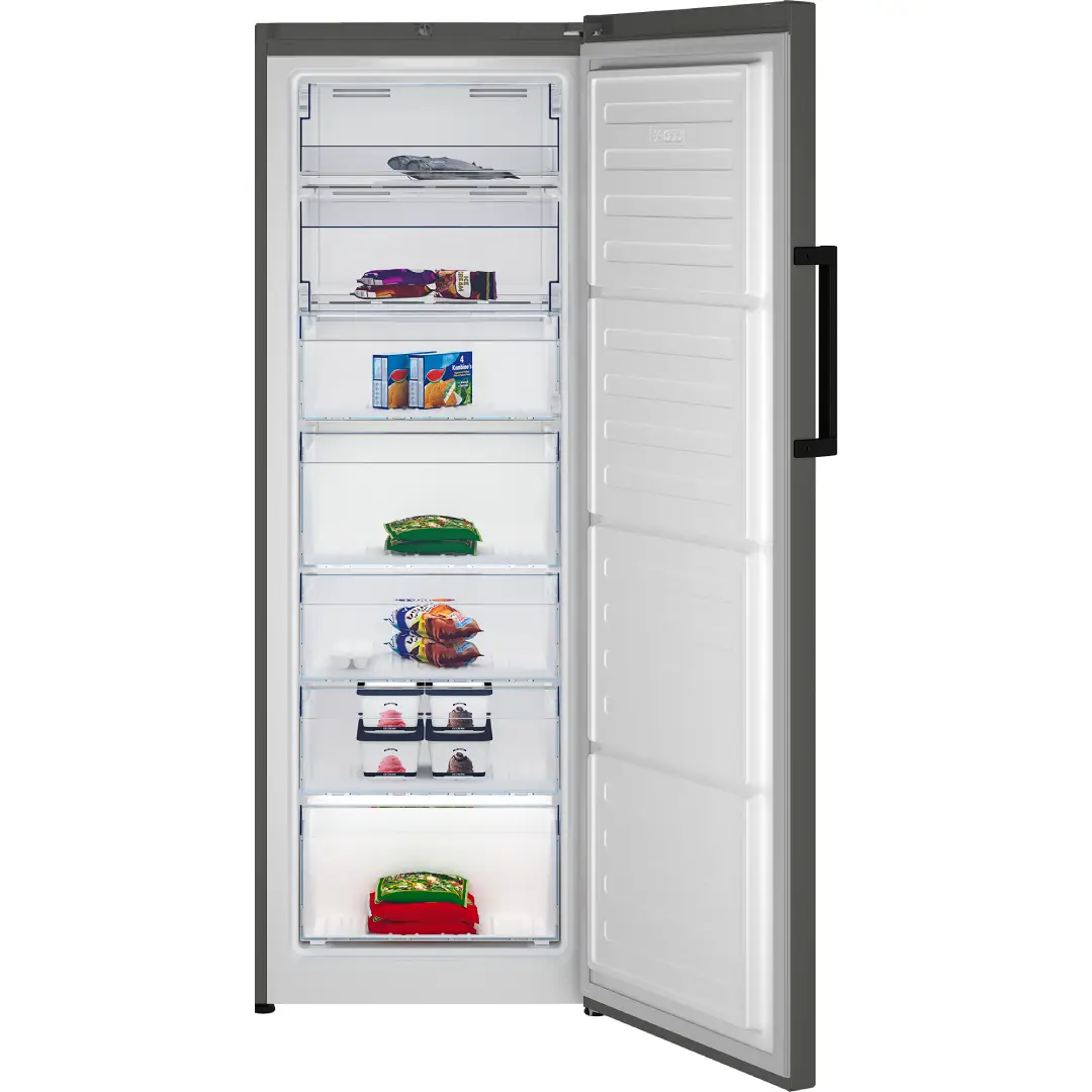 Vista del interior del congelador vertical inox Beko RFNE-290L41GN, mostrando todo su espacio y compartimentos