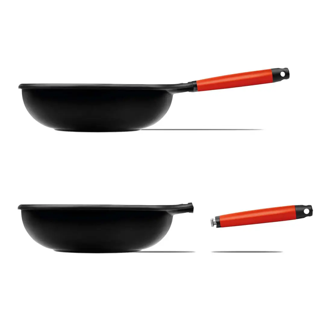 Detalle del mango desmontable del Wok 2IW-28 Castey de 28 cm, mostrando su mecanismo para un almacenamiento compacto, disponible en Electrocash