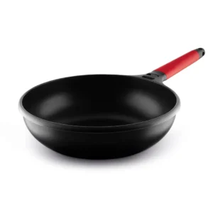 Vista principal del Wok 2IW-28 Castey de 28 cm con mango desmontable rojo, perfecto para saltear y freír, disponible en Electrocash
