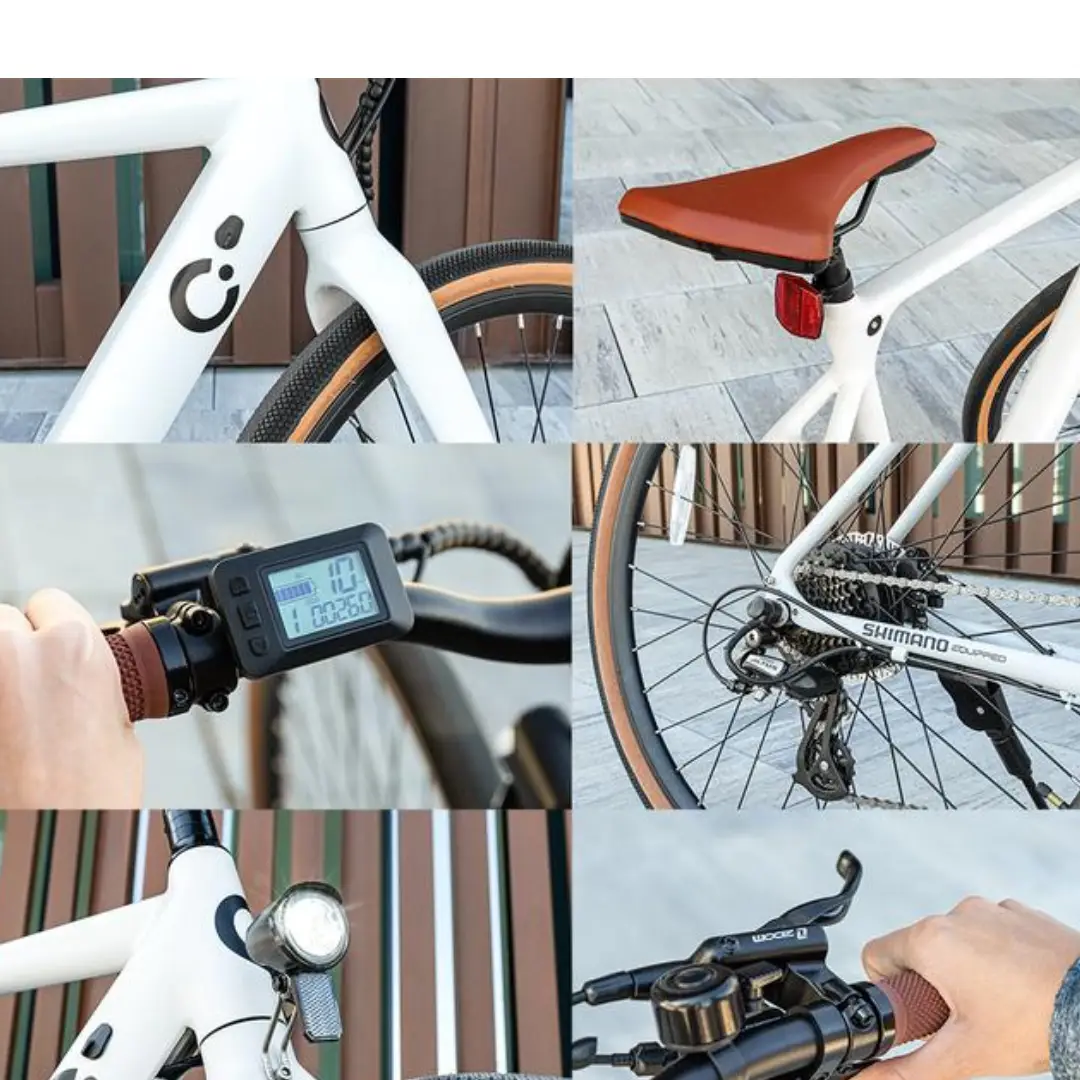 Primer plano de las características principales de la bicicleta eléctrica Sprint 07217 de Cecotec, incluyendo detalles como el motor, el sistema de batería y el panel de control