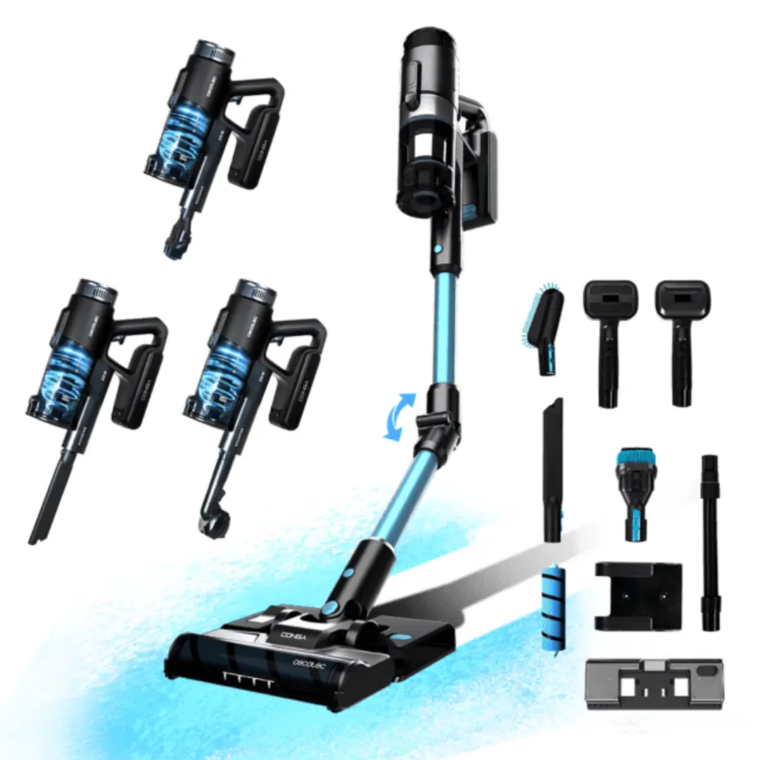 Aspirador Escoba 08424 Rockstar 1500 Cecotec junto a todos los accesorios incluidos en el paquete, mostrando su versatilidad y funcionalidades adicionales, disponible en Electrocash