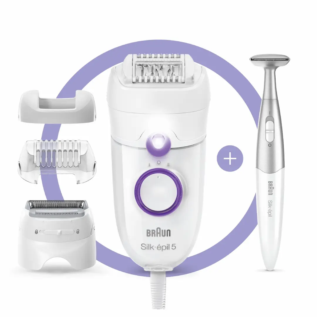 Imagen principal de la Depiladora Silk5-825P Braun con 3 accesorios, disponible en Electrocash
