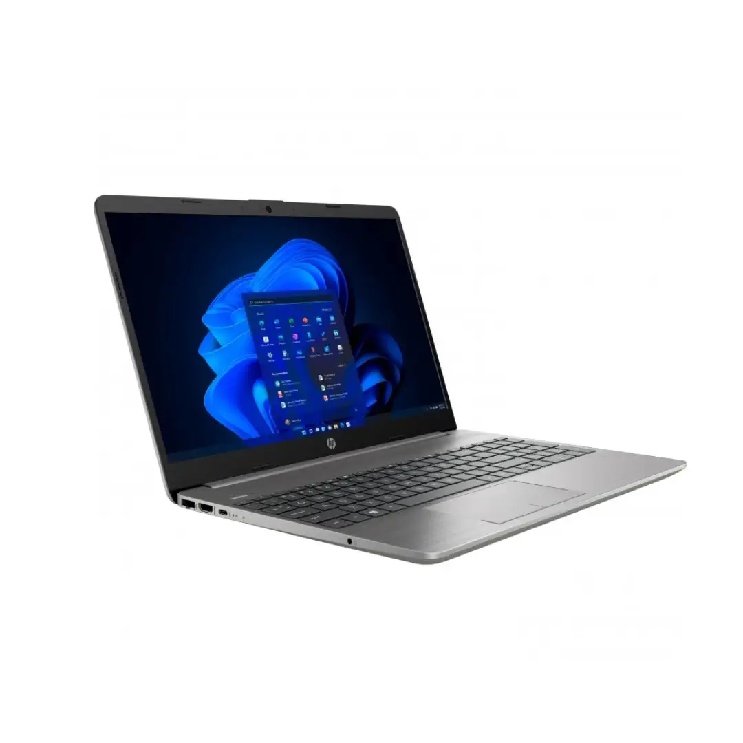 Vista lateral del portátil HP 250, mostrando su perfil delgado y puertos de conexión