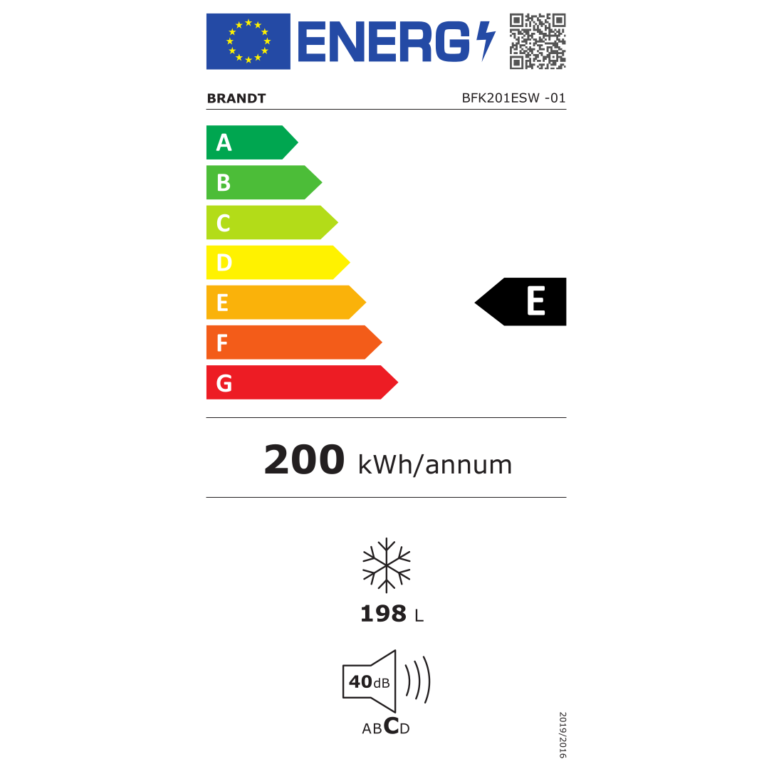Detalle de la ficha de consumo energético del Congelador Horizontal BFK201ESW Brandt, destacando su eficiencia energética