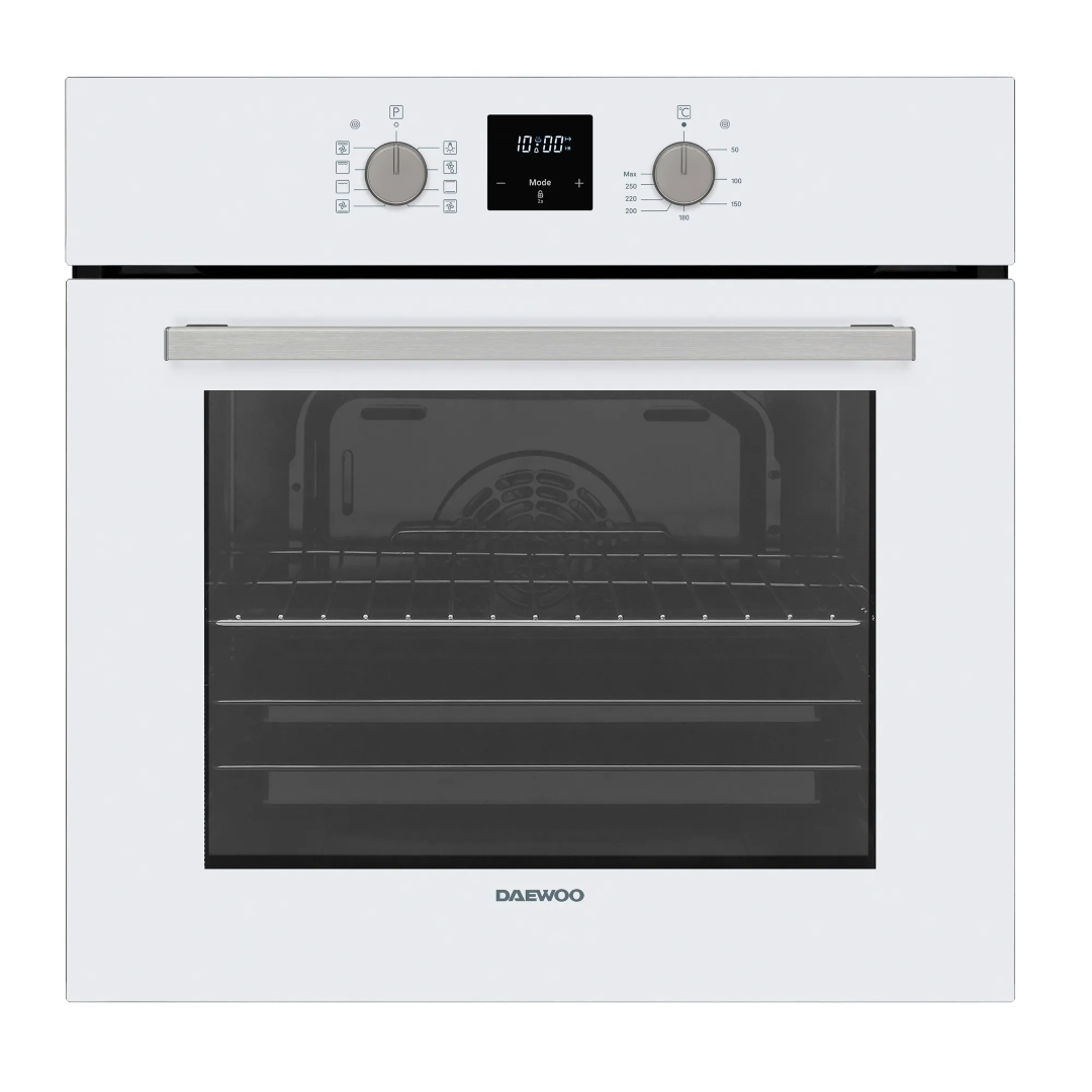 Imagen principal del Horno BO6ED22GWNL ES en cristal blanco de Daewoo, con función multifunción y display, disponible en Electrocash