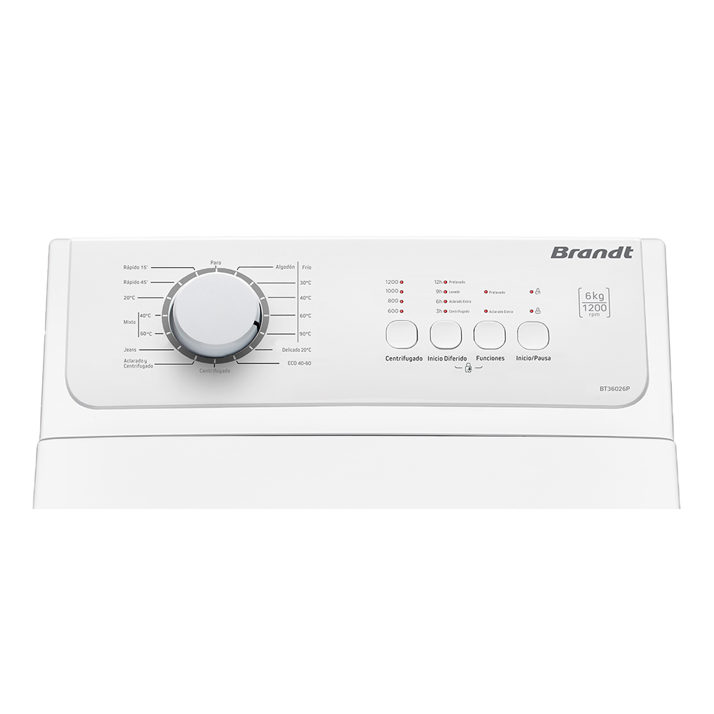 Imagen detallada del panel de botones de la Lavadora de Carga Superior BT36026P de Brandt, mostrando sus controles y funciones, disponible en Electrocash