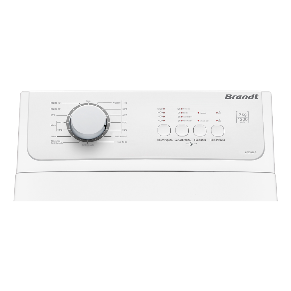 Detalle del panel de control de la Lavadora Carga Superior BT37026P Brandt, mostrando las opciones de configuración disponibles