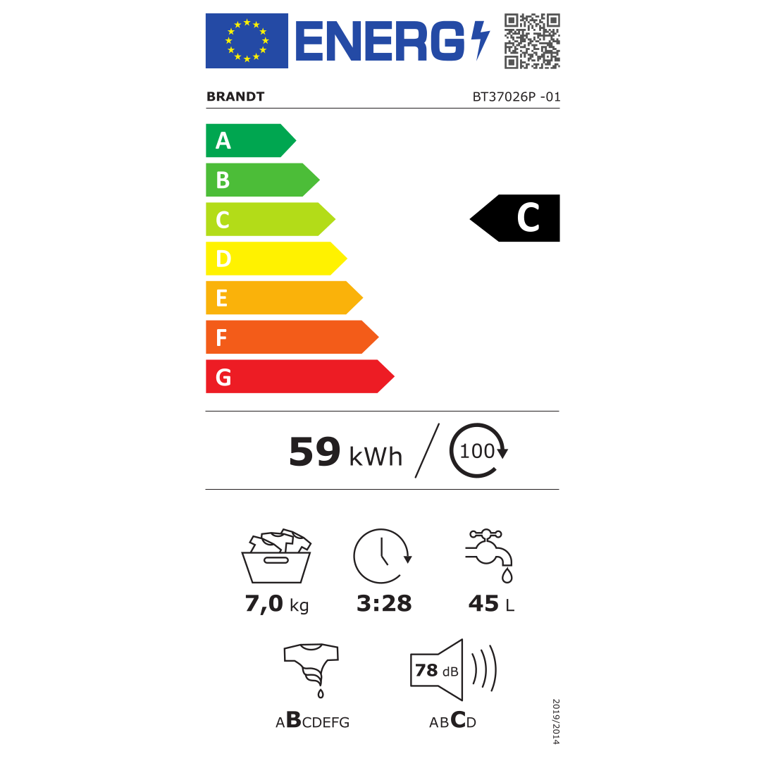 Imagen de la tabla de consumo energético de la Lavadora Carga Superior BT37026P Brandt, destacando su clasificación energética