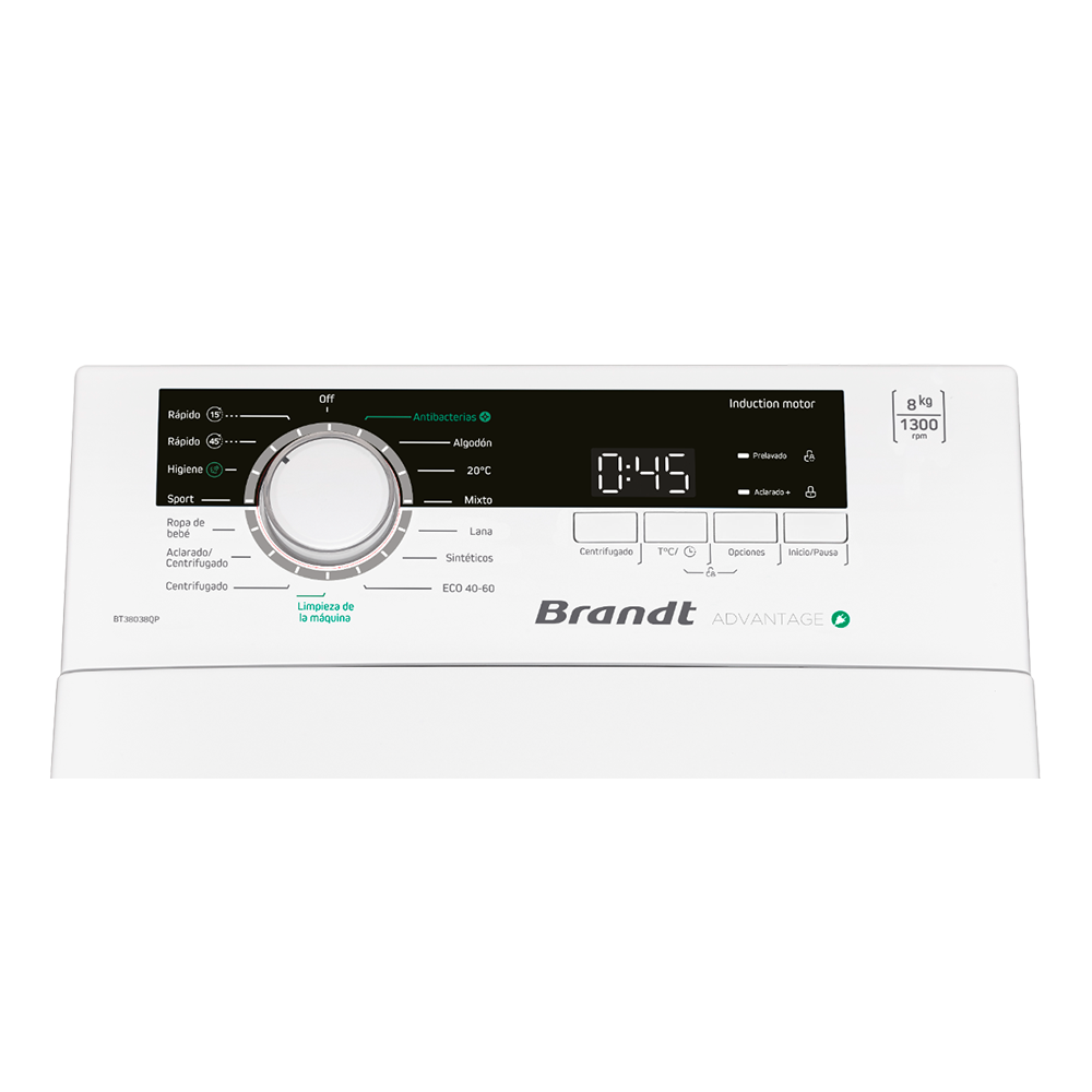 Detalle del panel de control de la Lavadora Carga Superior BT38038QP Brandt, mostrando las opciones de configuración disponibles