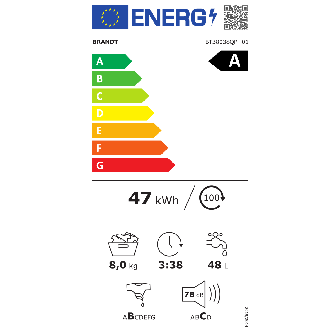 Imagen de la tabla de consumo energético de la Lavadora Carga Superior BT38038QP Brandt, destacando su clasificación energética