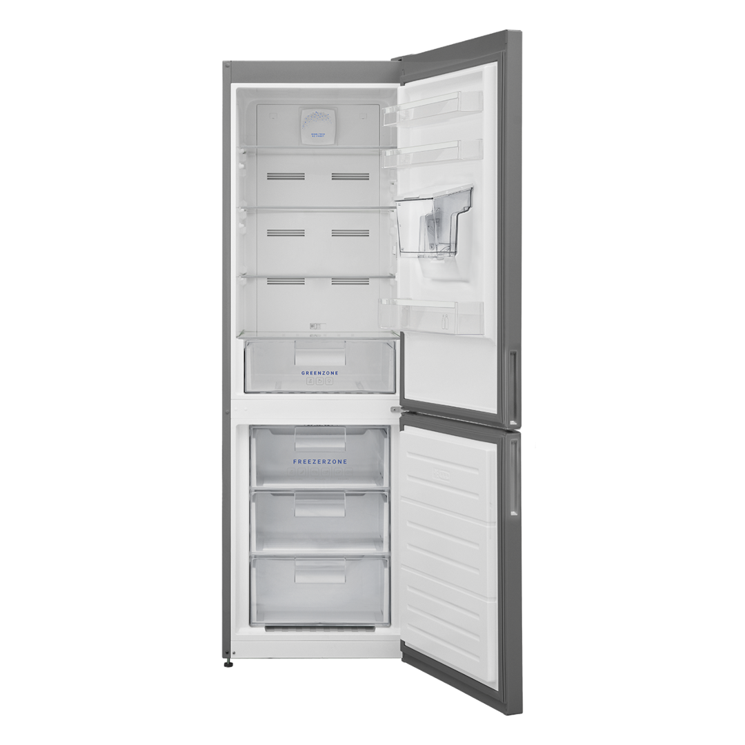Imagen detallada del interior del Combi Inox FKM295ELN2ES de Daewoo, mostrando su diseño elegante, disponible en Electrocash