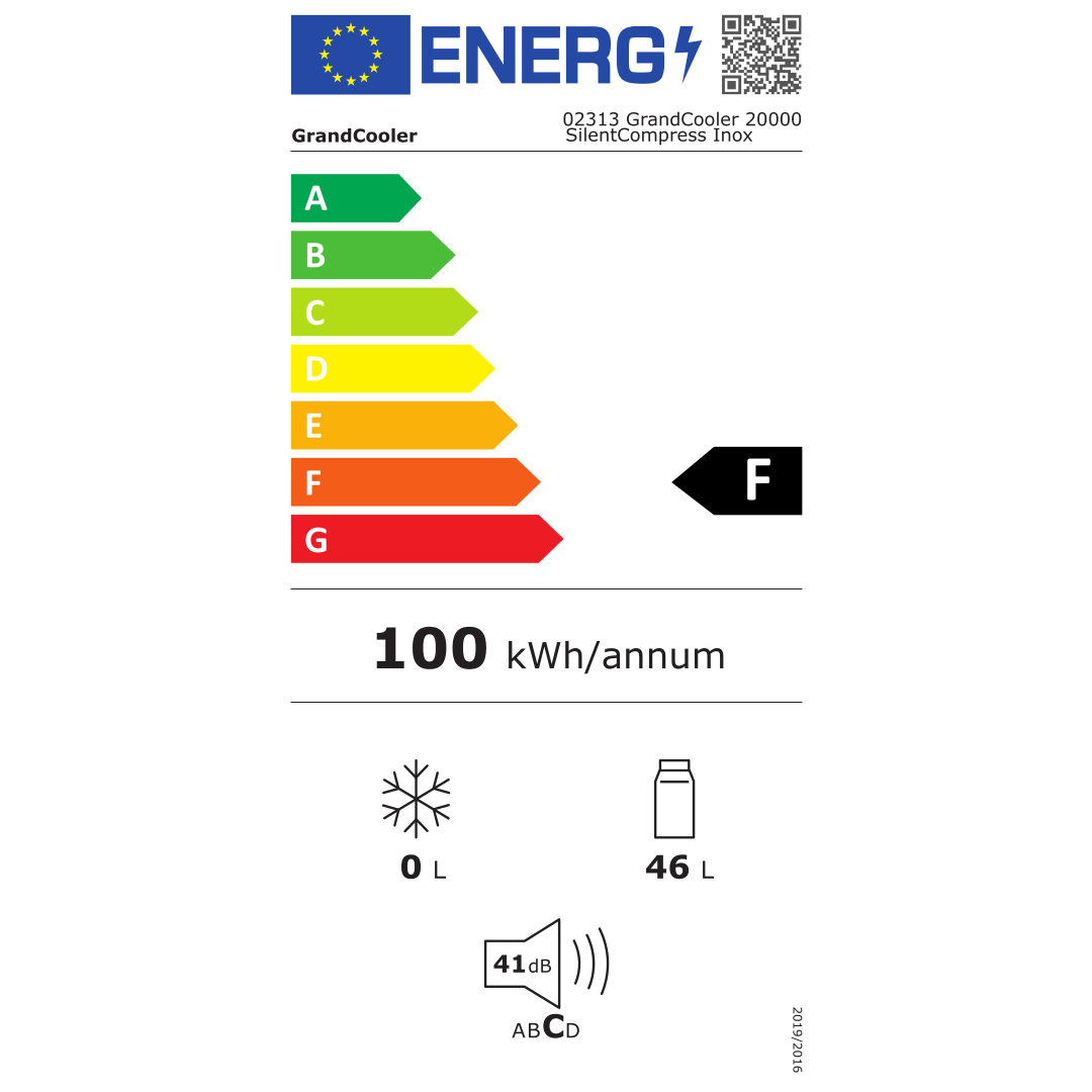 Imagen de la ficha de consumo energético del Frigorífico 1 Puerta Inox 02313 GrandCooler de Cecotec, destacando su eficiencia energética, disponible en Electrocash