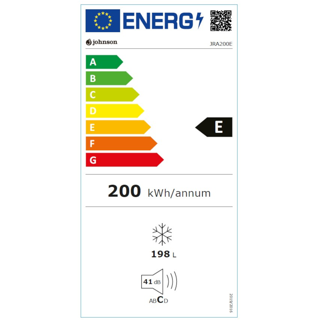 Imagen de la ficha de consumo energético del Congelador Horizontal JRA-200E de Johnson, destacando su eficiencia, disponible en Electrocash