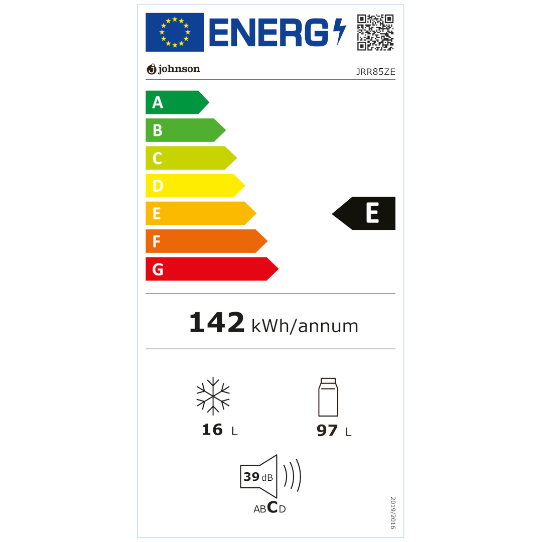 Ficha de consumo energético del Frigorífico 1 Puerta Bajo Encimera JRR85ZE Johnson, indicando su eficiencia energética
