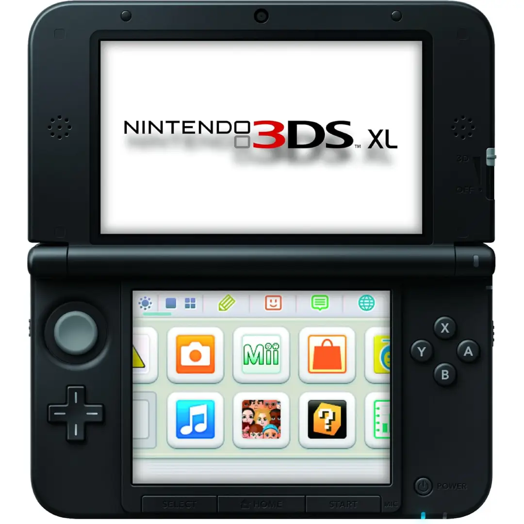 Consola Nintendo 3DS XL abierta con el menú principal visible en la pantalla superior
