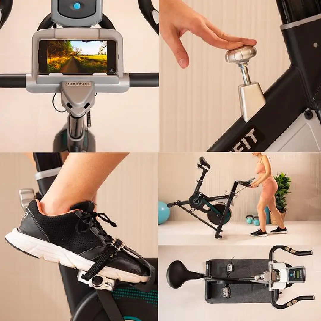 Primer plano de todas las características principales de la bicicleta de spinning Cecotec Drumfit 07073, incluyendo el volante de inercia, el sistema de resistencia y el ajuste del asiento