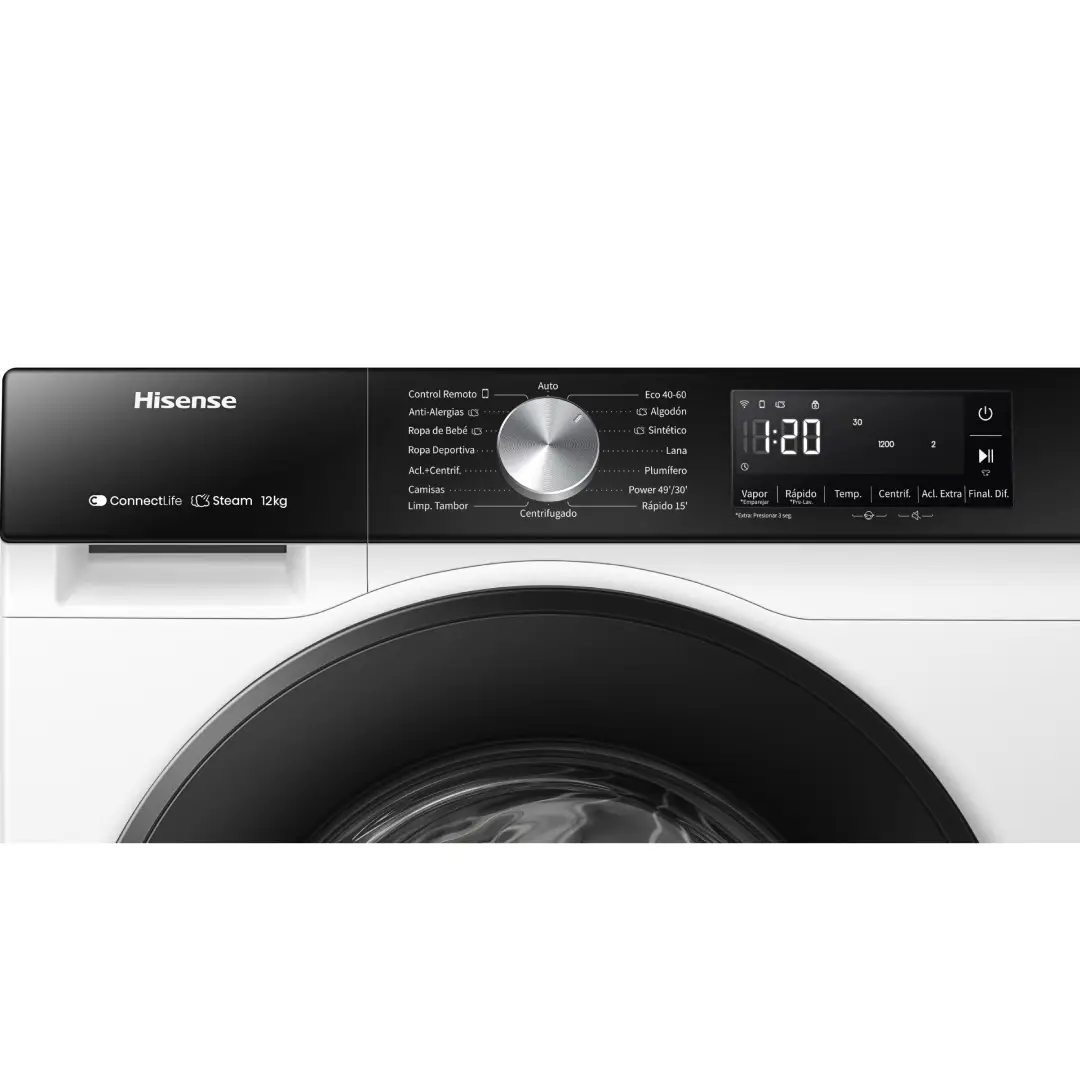 Primer plano del panel de opciones y botones de la lavadora Hisense WF3S-1243BW3, destacando su diseño intuitivo y funcional