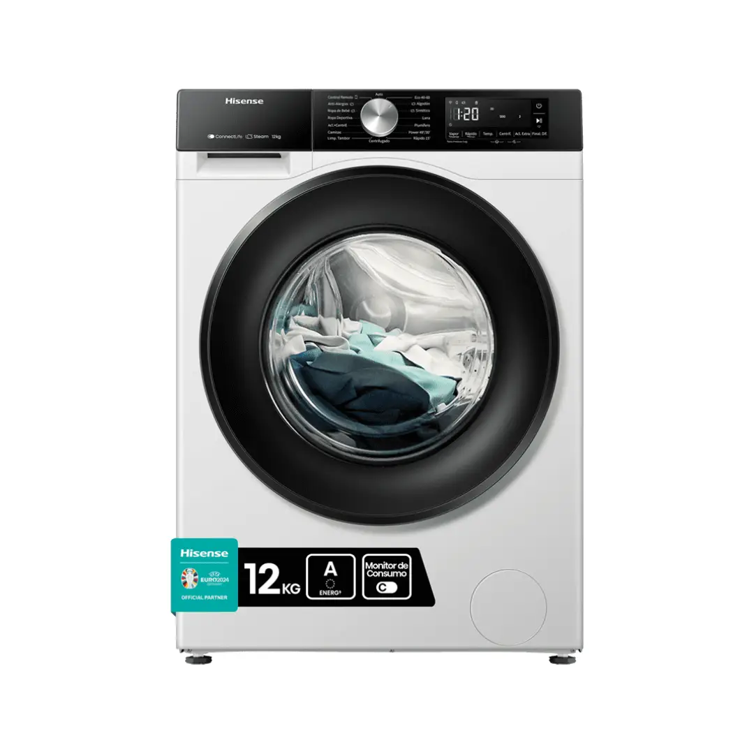 Imagen principal de la lavadora Hisense WF3S-1243BW3 en color blanco, con capacidad de 12 kg y 1400 RPM