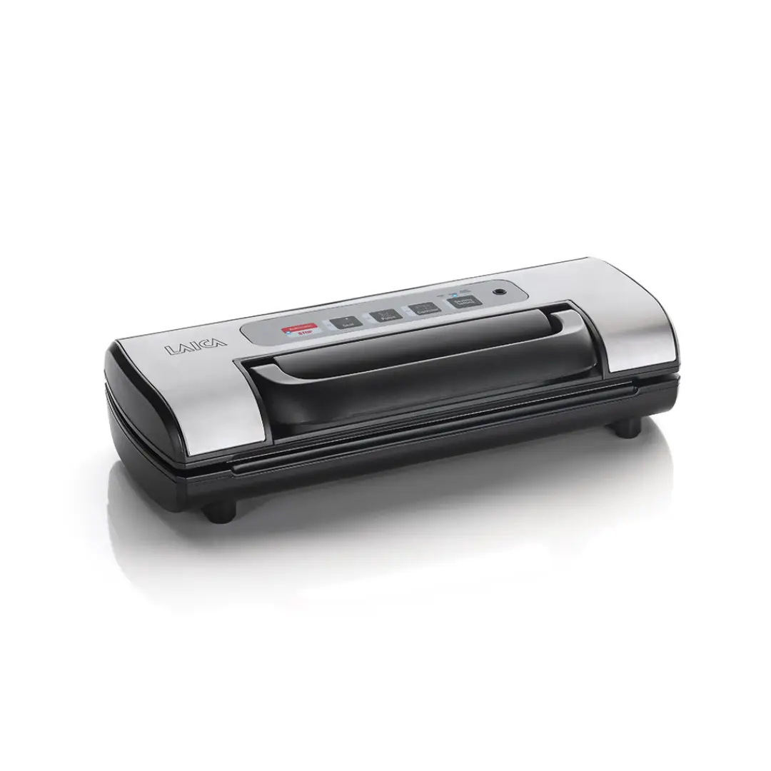 Imagen principal de la envasadora Laica VT-3217, con un diseño compacto y funcional de 120W, capaz de envasar a una velocidad de 15 litros por minuto