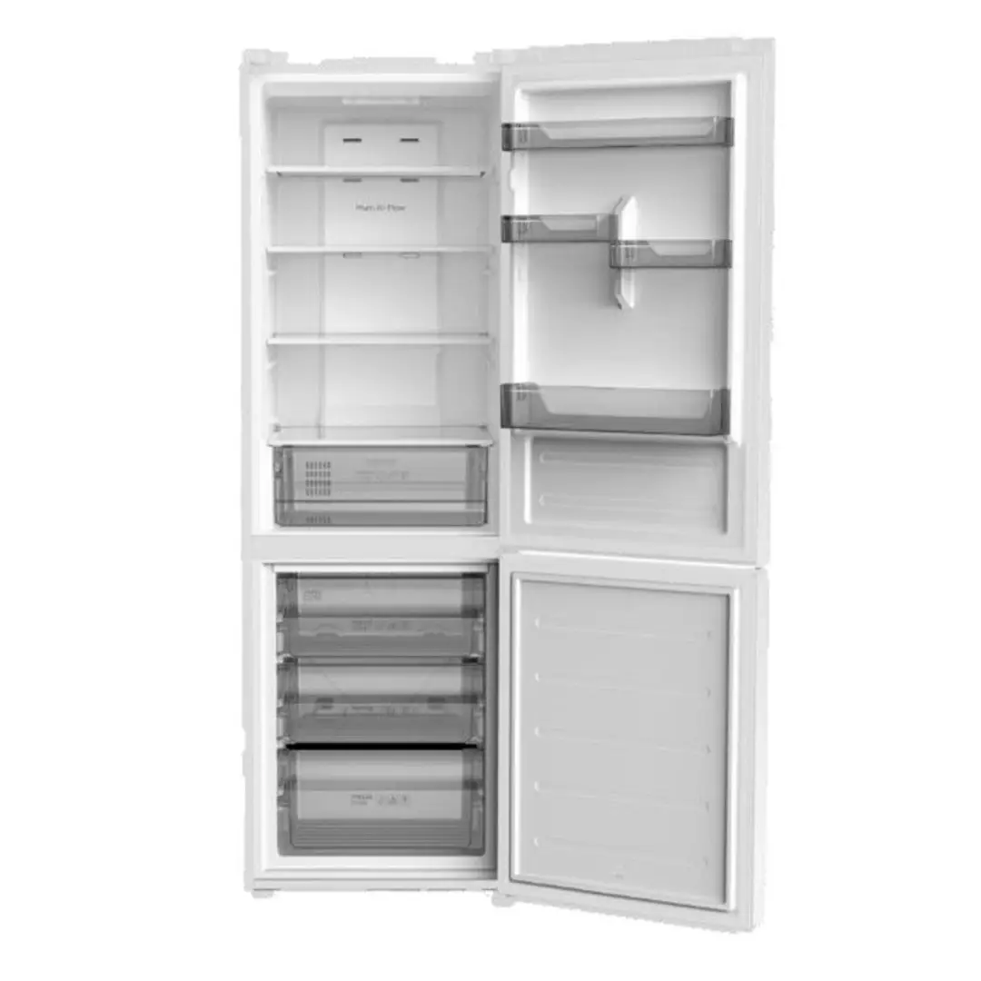 Combi TCL RF-318BWE1 abierto, mostrando su interior completo con varios compartimentos para almacenamiento