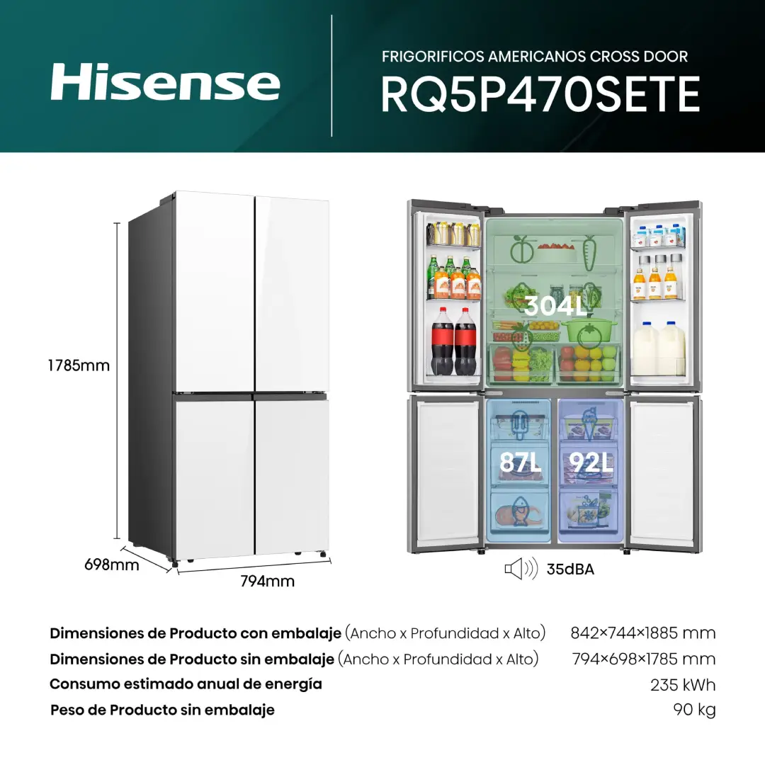 Imagen detallada de las dimensiones del frigorífico Hisense RQ-5P470SETE, que muestra su altura de 182 cm y ancho de 80 cm