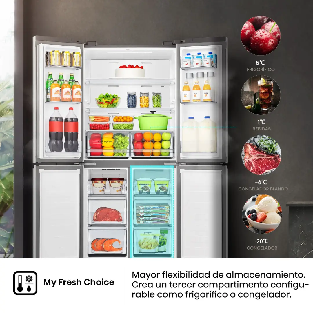 Imagen del frigorífico Hisense RQ-5P470SETE abierto, destacando el compartimento "My Fresh Choice" para una personalización del espacio y la temperatura