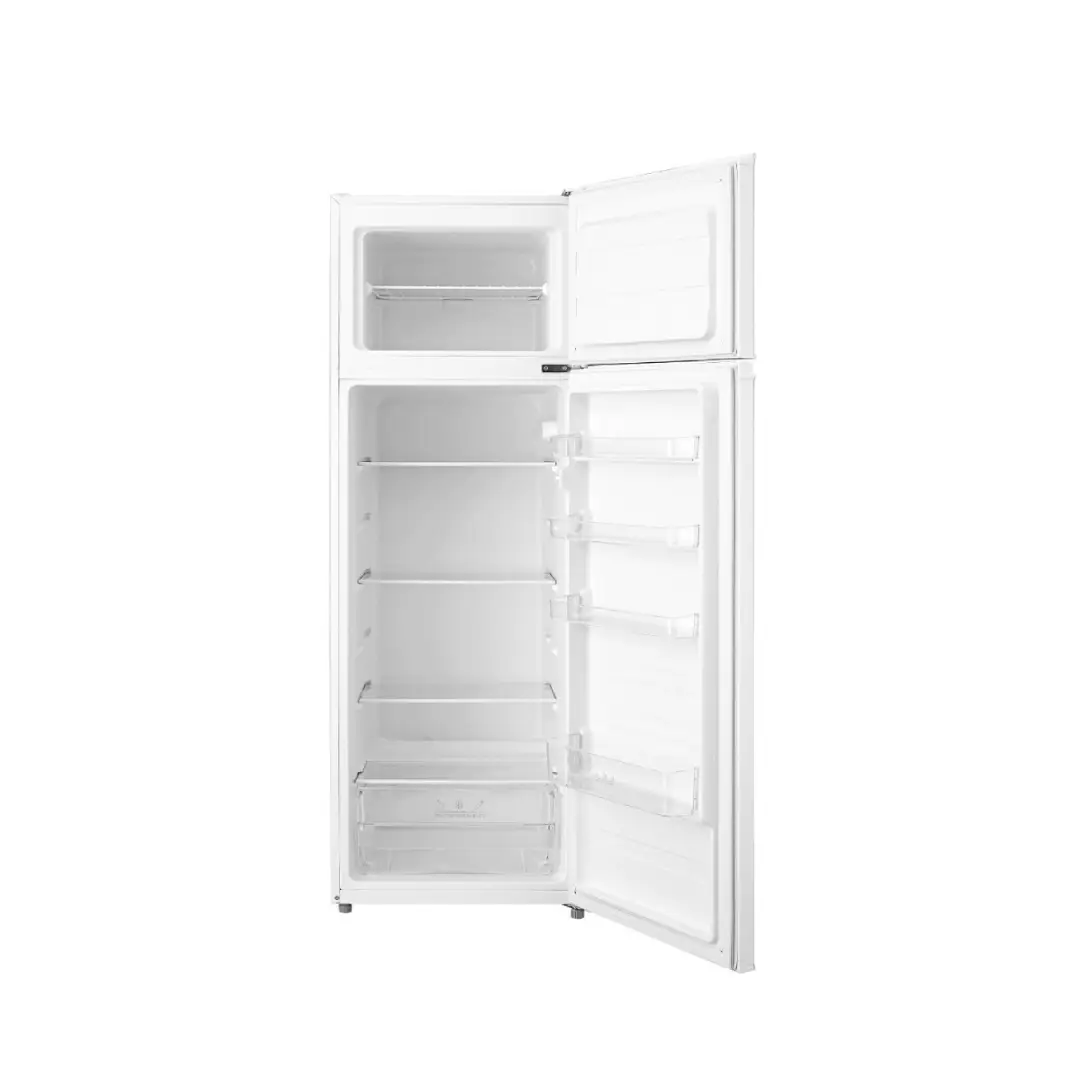 Vista del frigorífico Johnson JRD-160E completamente abierto, mostrando su distribución interna de compartimentos y estantes