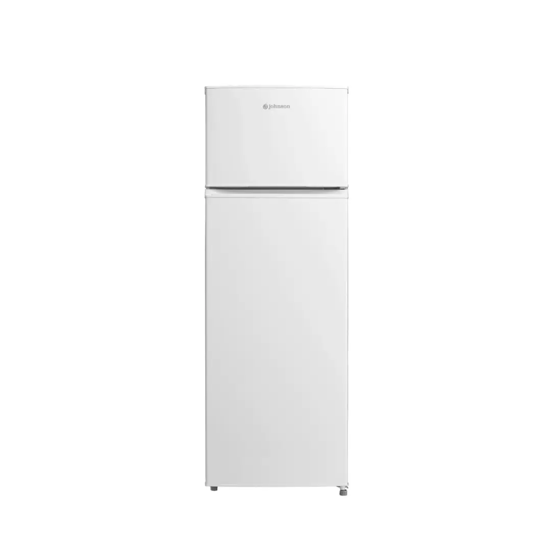 Imagen principal del frigorífico Johnson JRD-160E en color blanco, con diseño de 2 puertas y medidas de 159x55 cm