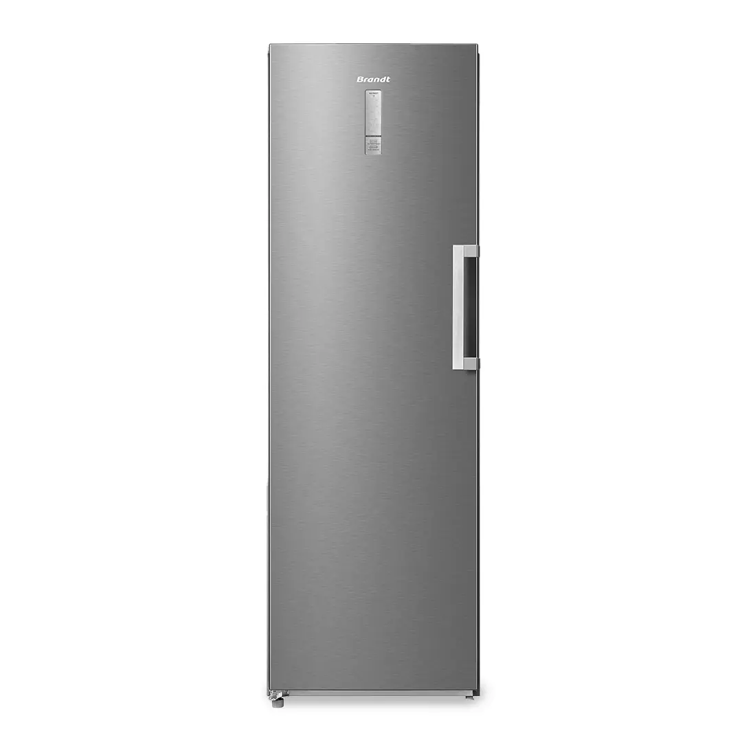 Imagen principal del congelador vertical Brandt BFU-8631NX en acabado inox, con eficiencia energética E, 185 cm de alto y 60 cm de ancho